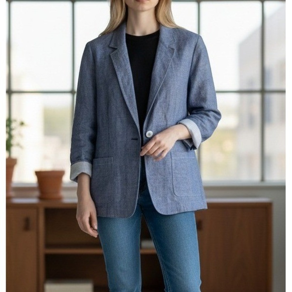 Lafayette 148 New York Blue Cotton Linen Blend Button Blazer Jacket 12 Preppy